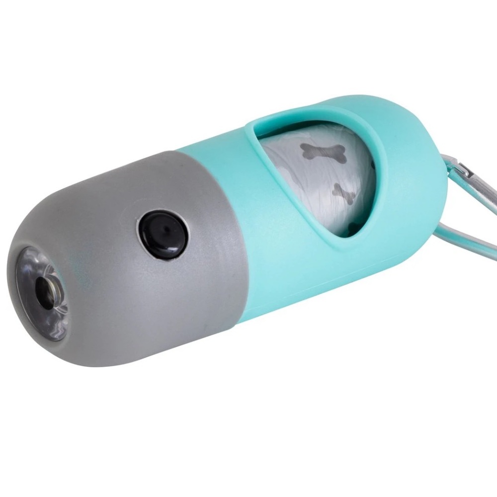 A pet poop bag holder with flashlight WILL COME NEW IN PACK
